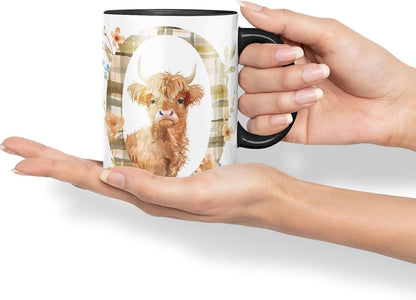 Vixar Highland Cow Alphabet Monogram Coloured Ceramic Cup Mug – Letter O – Rustic Farmhouse Animal Letter Gift – 11oz (Black)