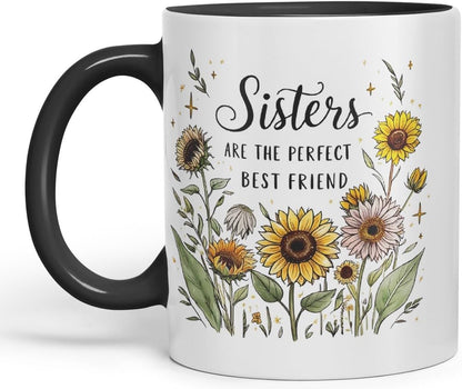 Sisters are The Perfect Best Friend Coloured Mug Cup Floral Sister Gift 11oz (Black)
