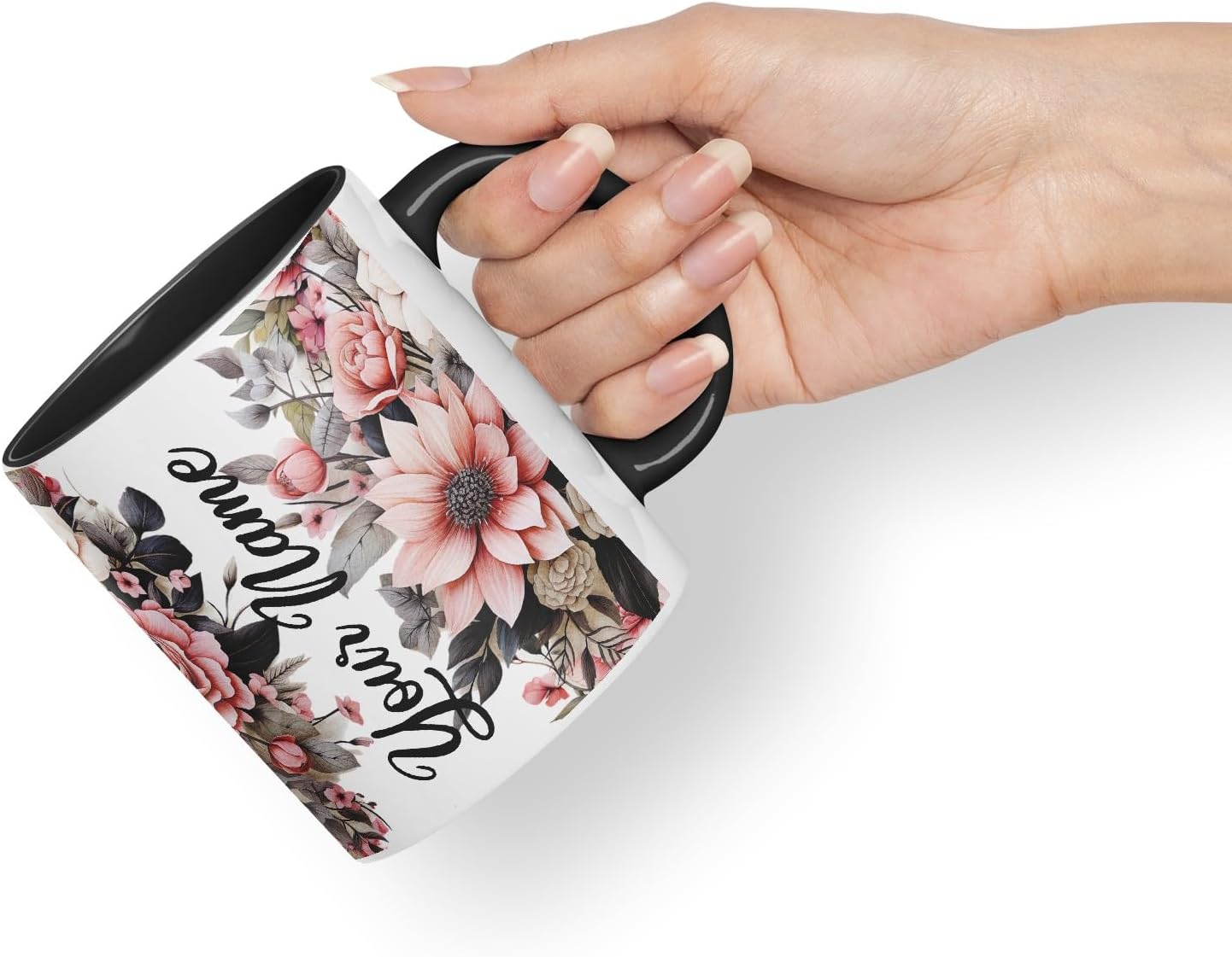 Vixar Personalised Rose Mug – Custom Your Name Coloured Ceramic Mug Cup Gift, 11oz (Black)