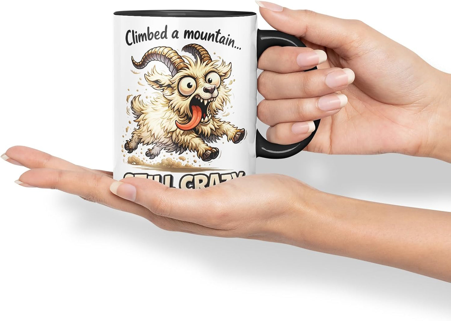 Vixar Climbed A Mountain Still Crazy Funny Goat Mug – Coloured Ceramic Mug Cup Gift, 11oz (Black)
