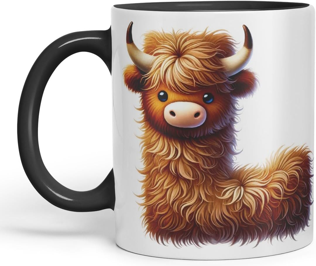 Highland Cow Alphabet Monogram Coloured Ceramic Cup Mug Letter L Rustic Farmhouse Animal Letter Gift V2 11oz (Black)