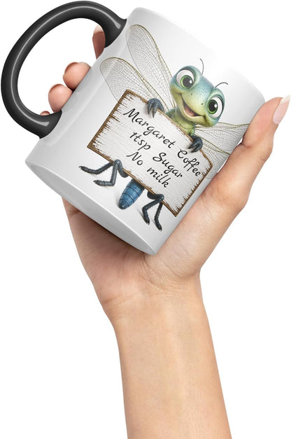 Vixar Personalised Dragonfly Mug with Name or Custom Message – Cute Animal Coloured Ceramic Mug Cup Gift, 11oz (Black)