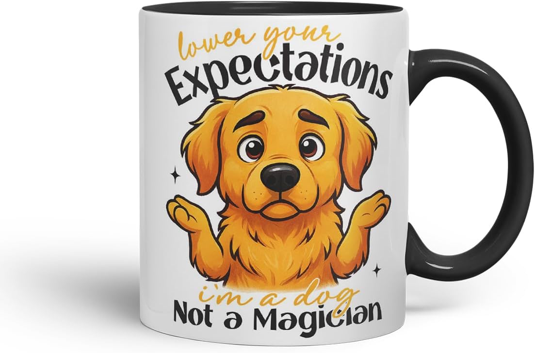 Vixar Lower Your Expectations I'm A Dog, Not A Magician Golden Retriever Dog Mug – Coloured Ceramic Mug Cup Gift, 11oz (Black)