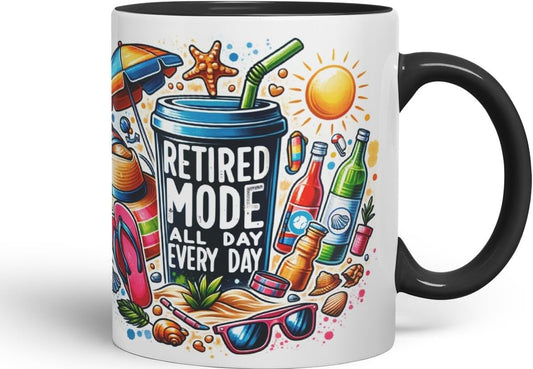 Ceramic Mug “Retired Mode All Day Every Day” with Vacation Theme Coloured Mug Cup 330ml (Black)