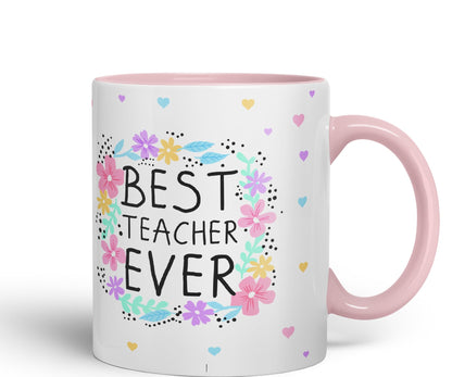 Vixar Best Teacher Ever Flowers, Ceramic 330 ml 11oz Coloured Mug Cup, Teacher Gift from Kids, School Gift, end of Year for Coffee Tea (T4)
