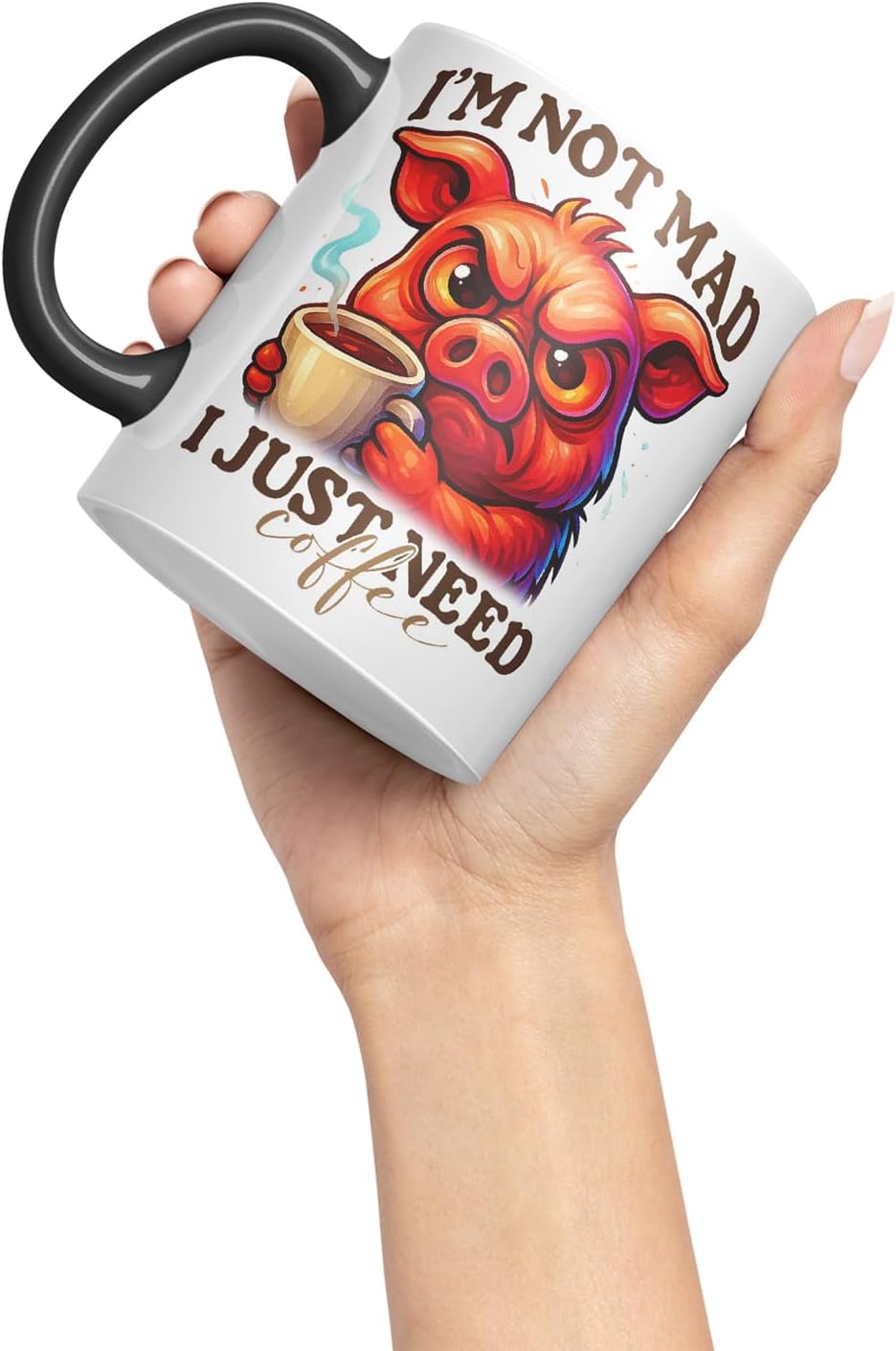Vixar I'm Not Mad I Just Need Coffee Funny Pig Mug – Coloured Ceramic Mug Cup Gift, 11oz (Black)