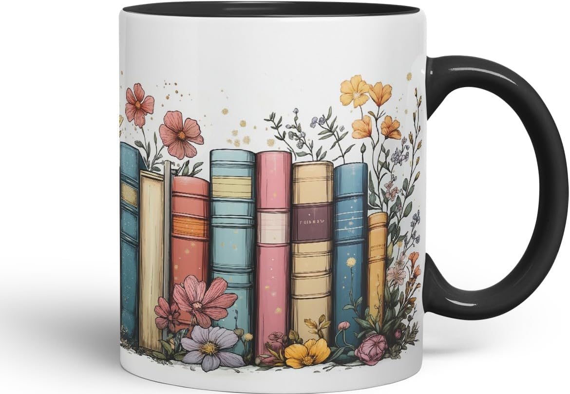 Vixar Floral Bookshelf Coloured Ceramic Mug Cup Gift, 11oz (Black)