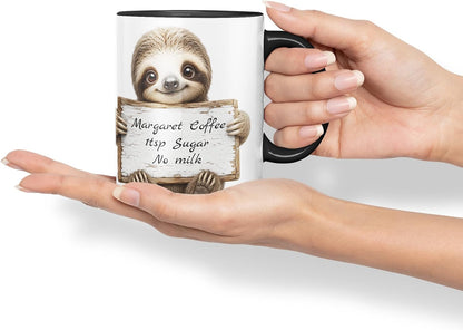 Vixar Personalised Sloth Mug with Name or Custom Message – Cute Animal Coloured Ceramic Mug Cup Gift, 11oz (Black)