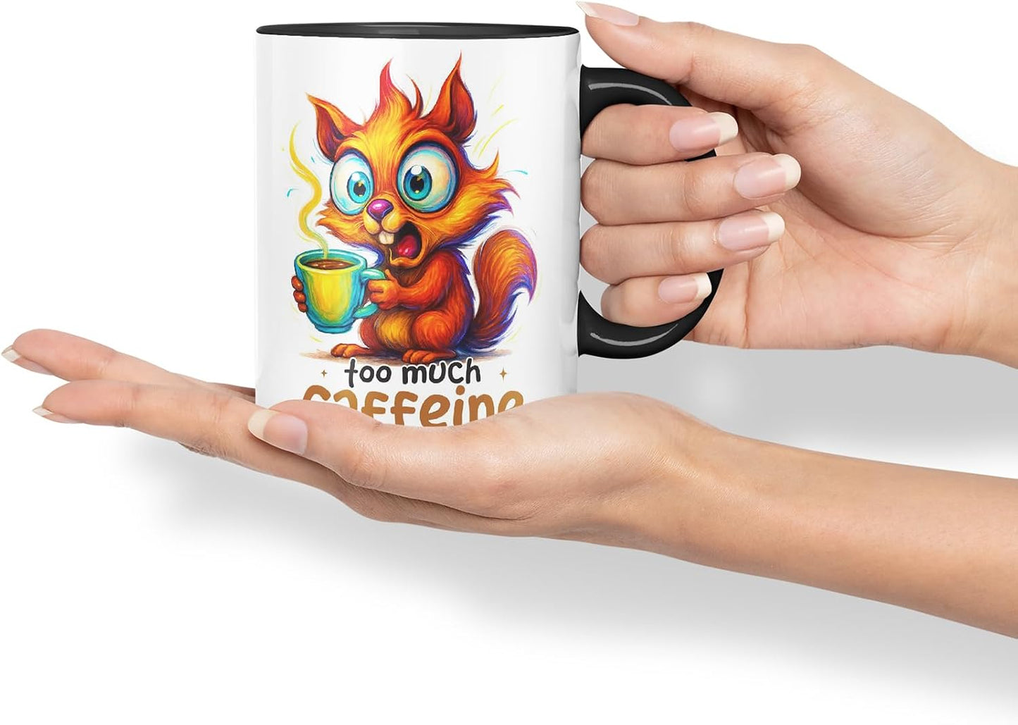 Vixar Too Much Caffeine Not Enough Sense Funny Squirrel Coffee Mug – Coloured Ceramic Mug Cup Gift, 11oz (Black)