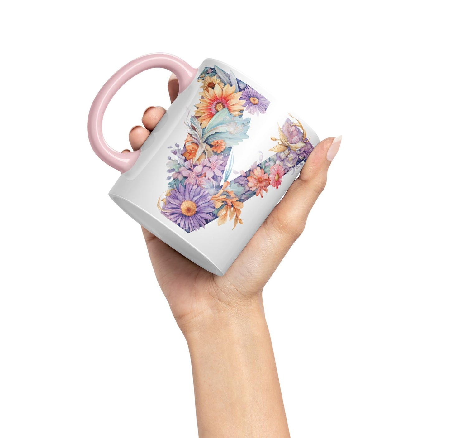 Letter V mug, Floral flowers butterfly Alphabet Letter V Monogram watercolour Ceramic Coloured Mug Cup for Tea Coffee Hot brew 330ml 11Oz Gift