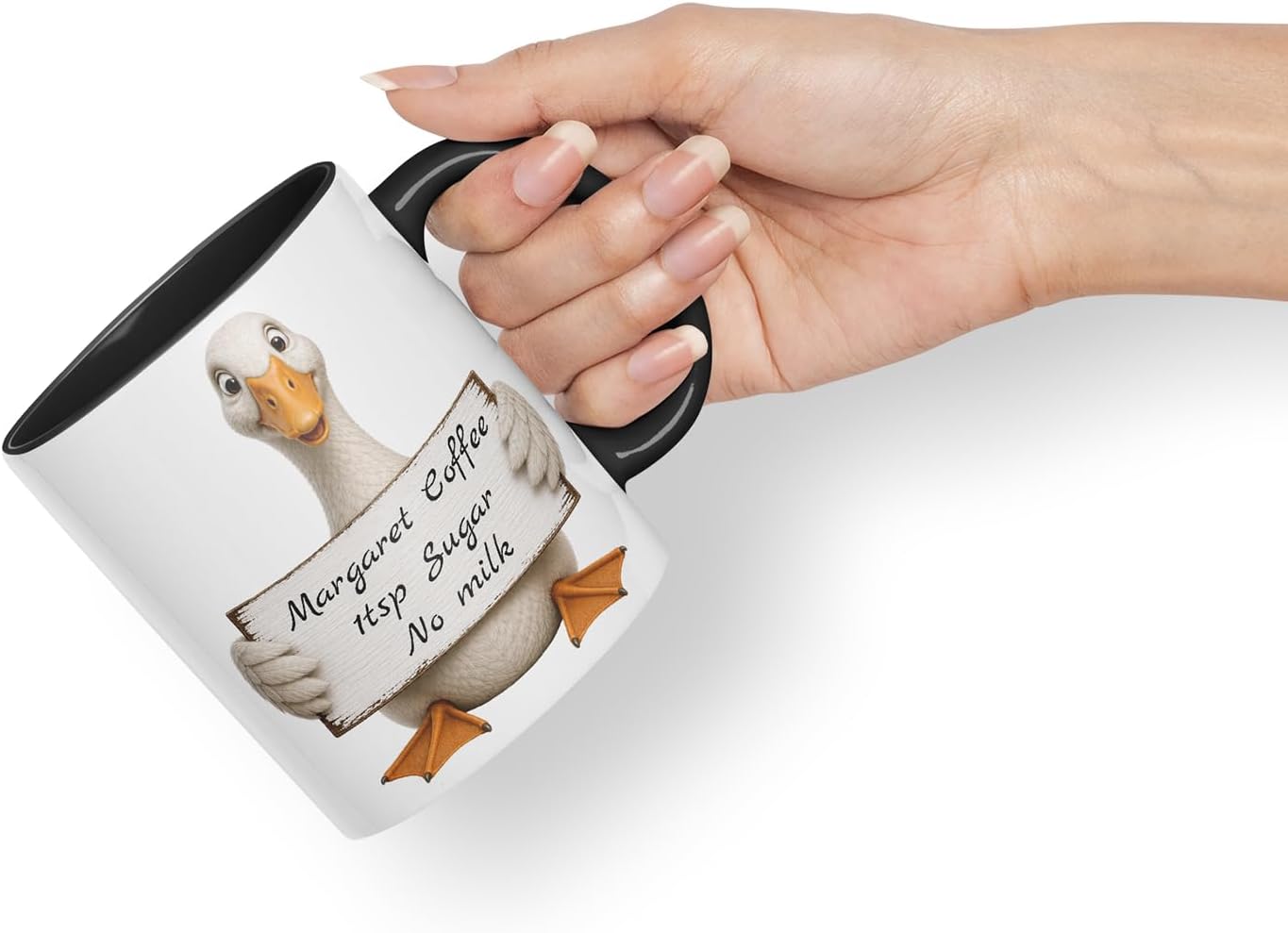 Vixar Personalised Goose Mug with Name or Custom Message – Cute Animal Coloured Ceramic Mug Cup Gift, 11oz (Black)