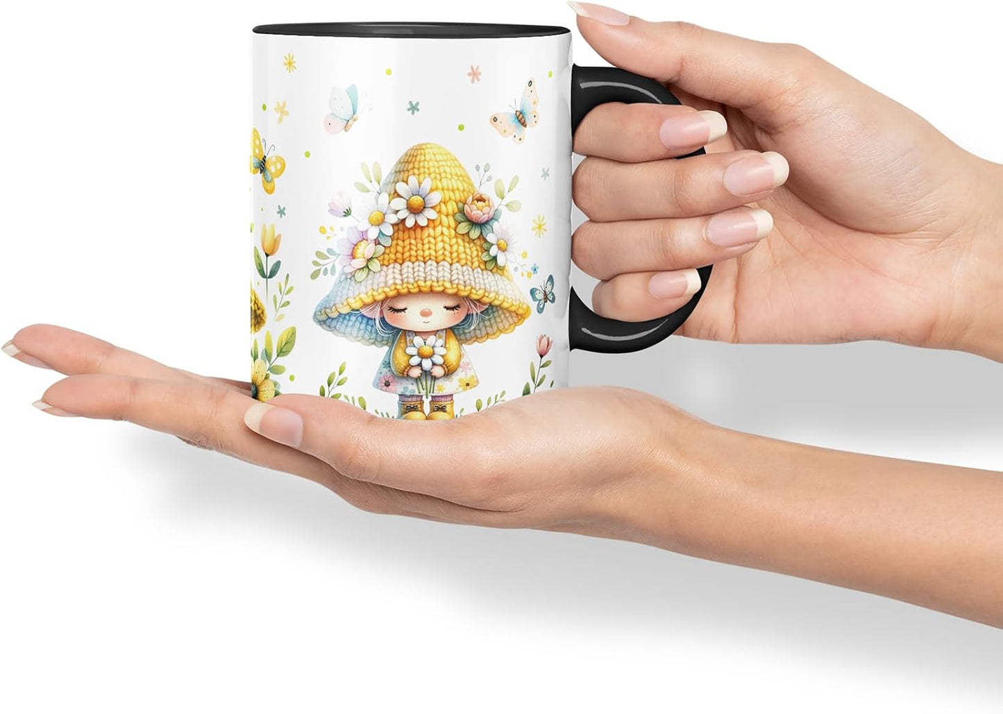 Vixar Spring Gnome Flowers Mug – Coloured Ceramic Mug Cup Gift, 11oz (Black)