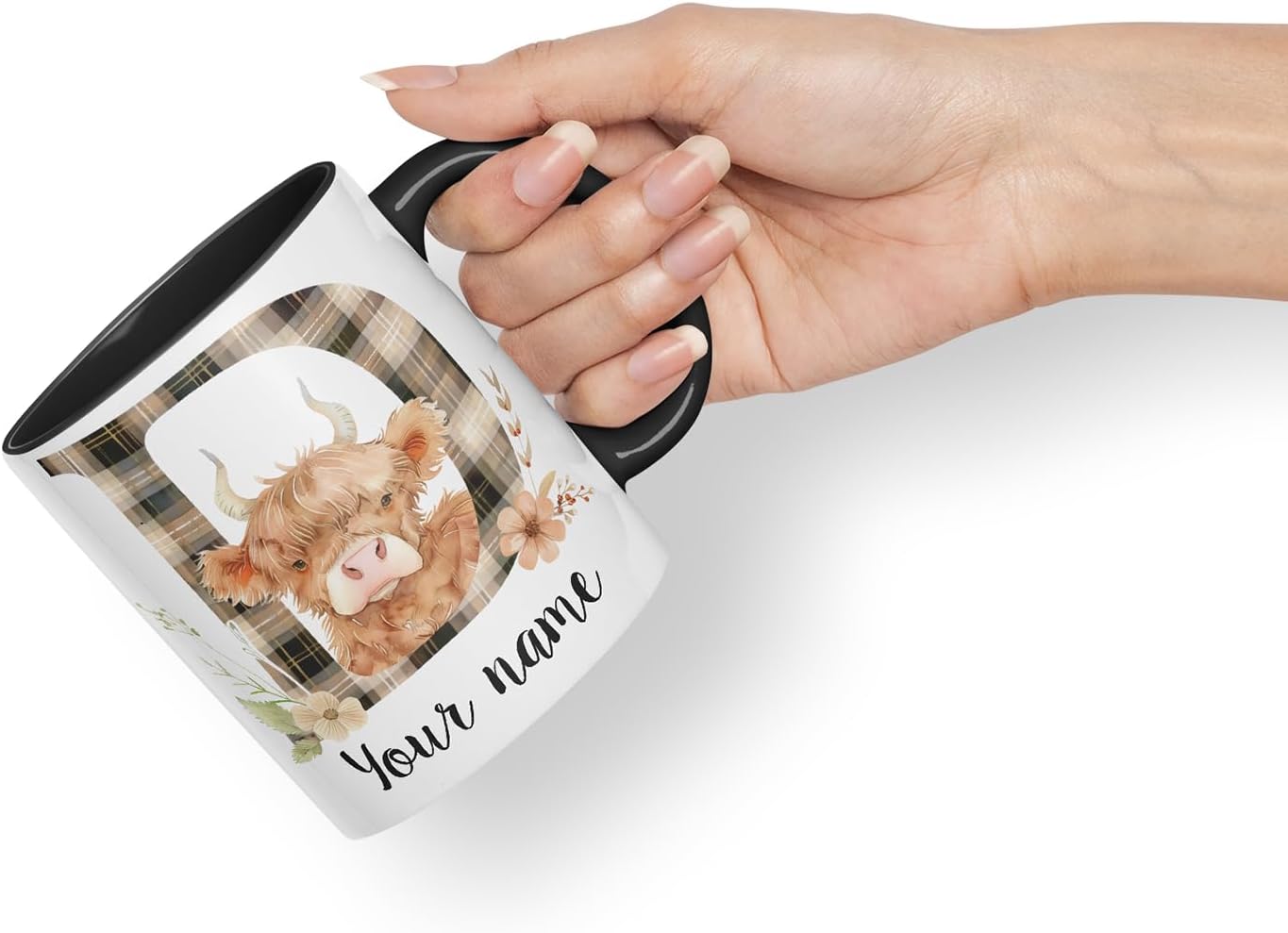 Vixar Personalised Highland Cow Initial Letter D Custom Name Mug – Coloured Ceramic Mug Cup Gift, 11oz (Black)