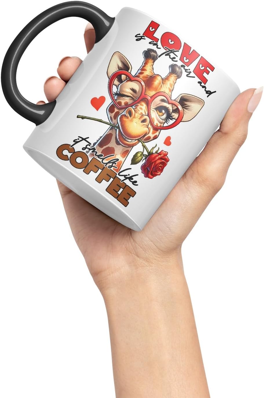 Vixar Love is in The Air and It Smells Like Coffee Sarcastic Giraffe Mug, Coloured Ceramic Cup 11oz (Black)
