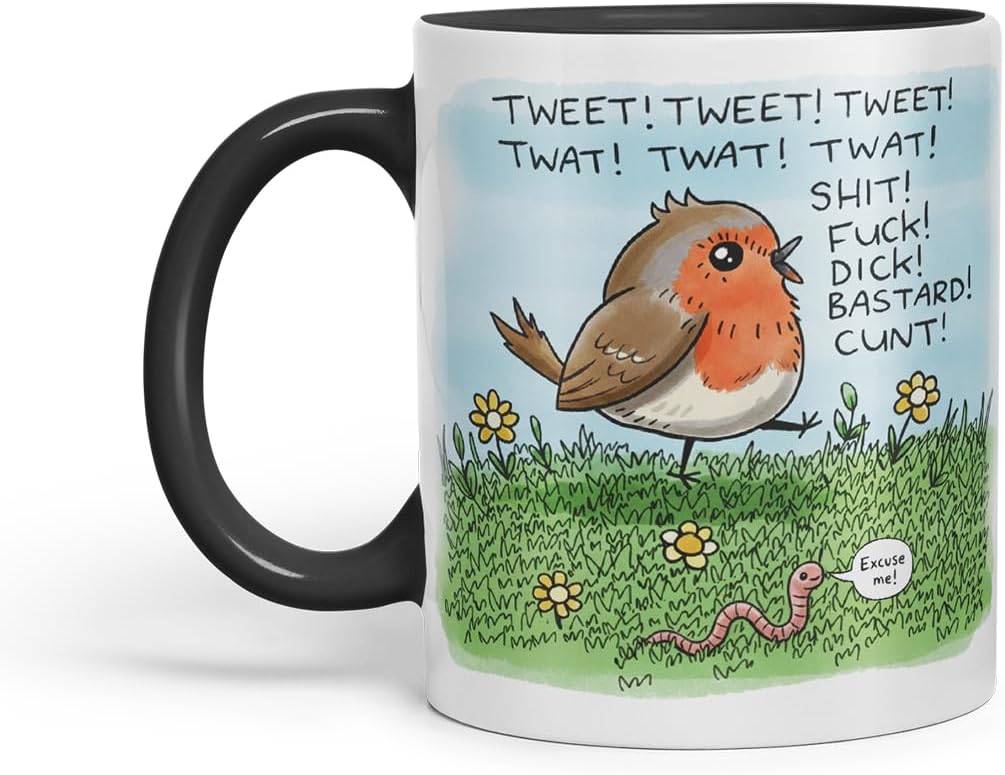 Vixar Funny Robin Bird Swearing Joke Mug – Coloured Ceramic Mug Cup Gift, 11oz (Black)