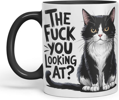 Vixar The F*** You Looking at? Sarcastic cat Coloured Ceramic Mug Cup Gift, 11oz (Black)