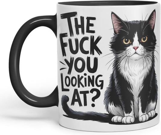 Vixar The F*** You Looking at? Sarcastic cat Coloured Ceramic Mug Cup Gift, 11oz (Black)