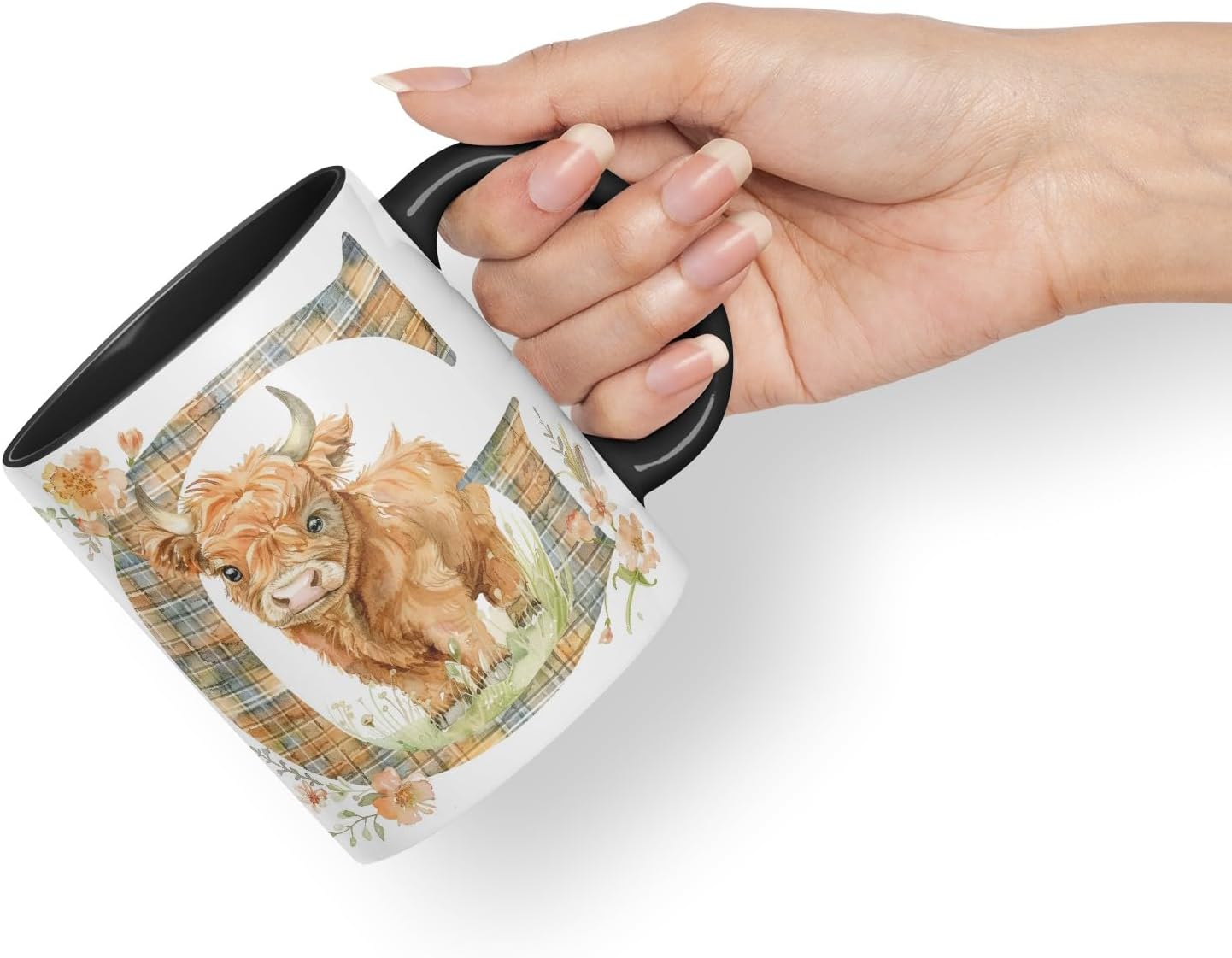 Vixar Highland Cow Alphabet Monogram Coloured Ceramic Cup Mug – Letter G – Rustic Farmhouse Animal Letter Gift – 11oz (Black)