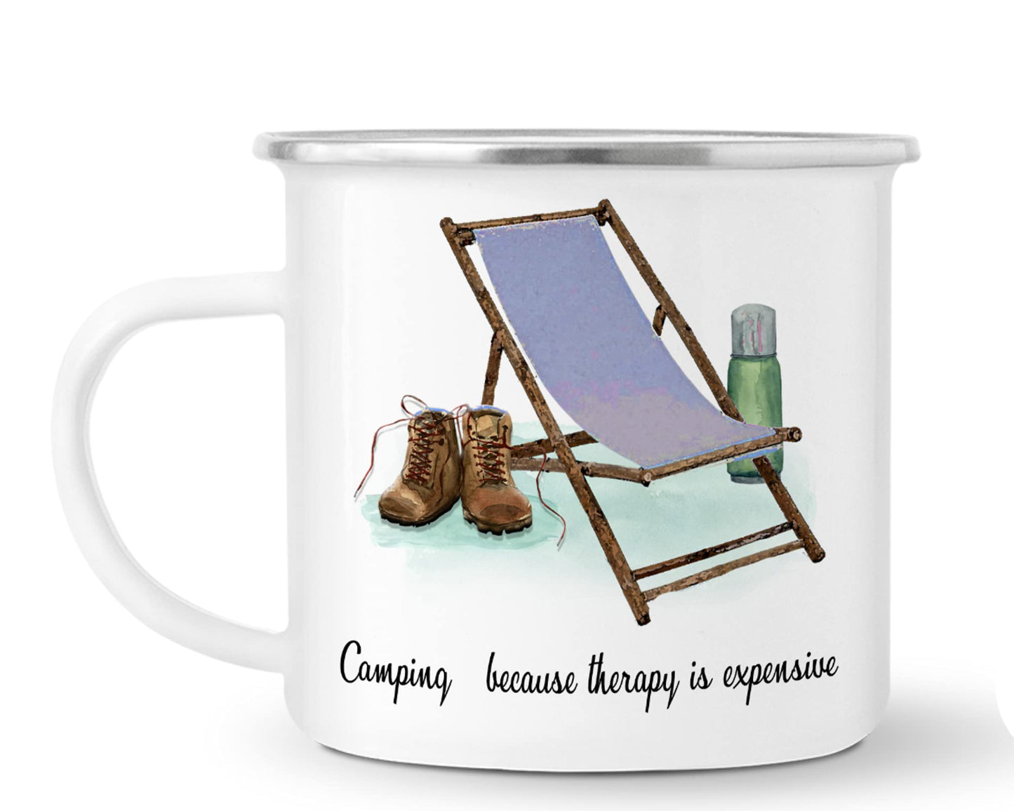 Vixar Enamel Mug Cup, is Ideal for Camping, Caravan, Fishing & Travel, in White with Silver Trim, 10oz, Coffee Tea, Gift, Christmas, Birthday Gift (Camping Because Therapy is Expensive)