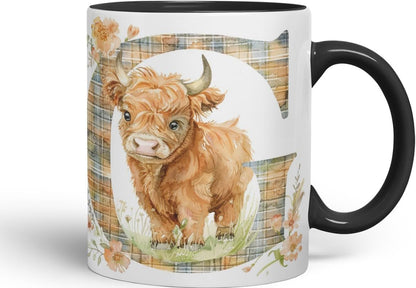 Vixar Highland Cow Alphabet Monogram Coloured Ceramic Cup Mug – Letter G – Rustic Farmhouse Animal Letter Gift – 11oz (Black)