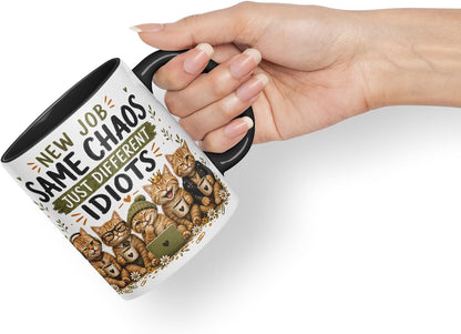 Vixar New Job, Same Chaos, Just Different Idiots Mug – Funny Coworker Leaving Colleague Goodbye Gift, 11oz (Black)