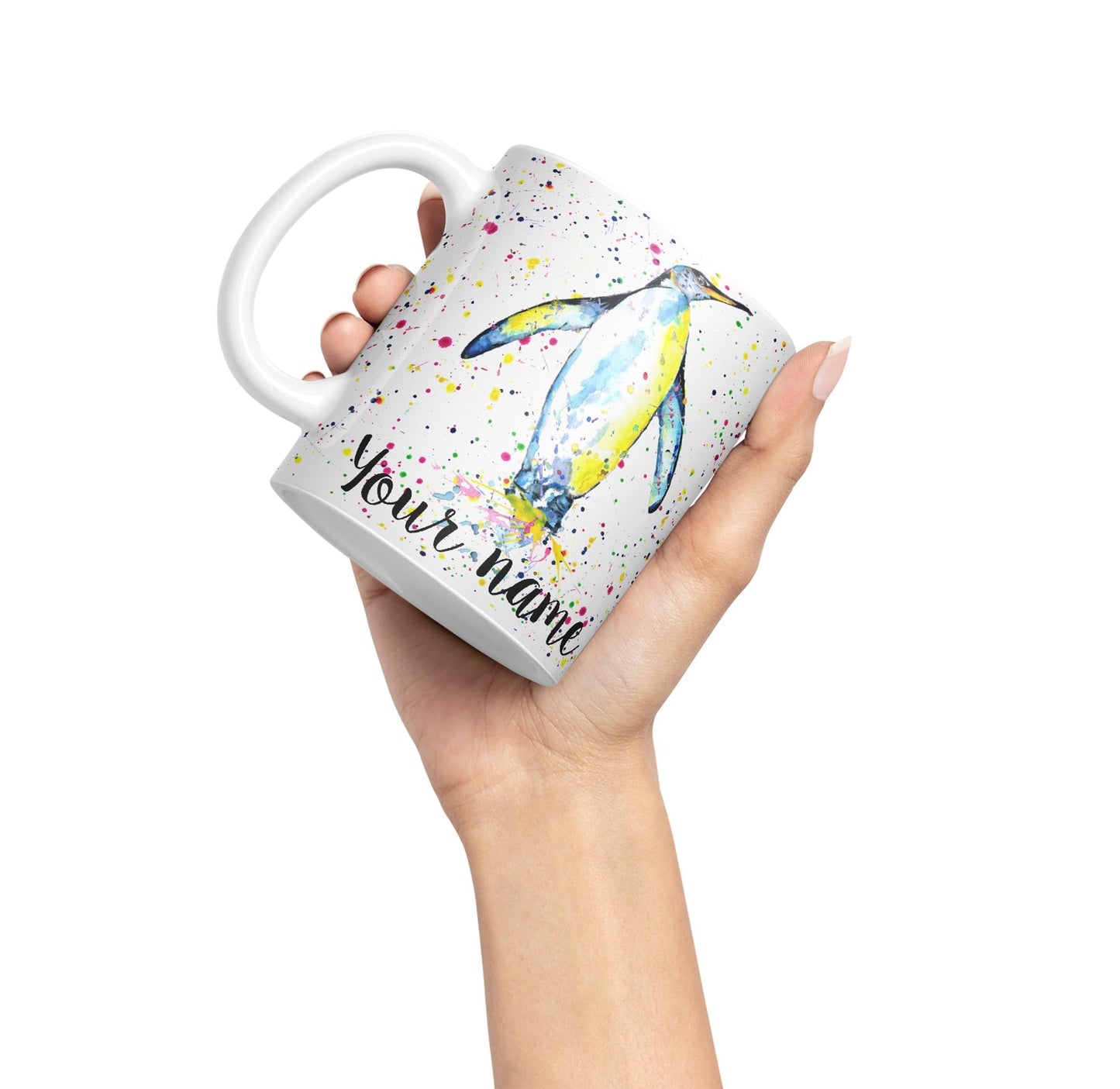 Vixar Personalised with Your Text Penguins Bird Watercolour Art Coloured Ceramic Mug Cup Gift 330ml 11oz Custom Work Office Tea Coffee (O1)