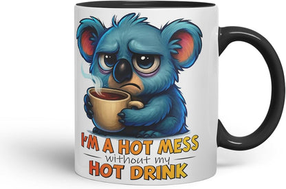 Vixar I'm A Hot Mess Without My Hot Drink Funny Koala Mug – Coloured Ceramic Mug Cup Gift, 11oz (Black)