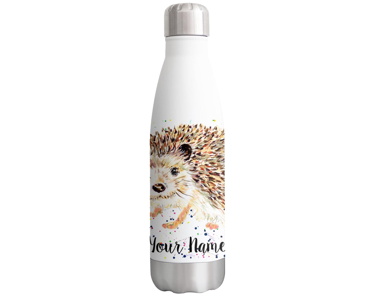 Vixar Hedgehog Personalised Custom Bottle with your Text/name Watercolour Art wildlife animal Bottle double Wall insulated Stainless steel sport Drinks 500ml Hv2