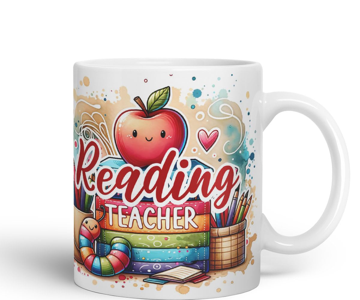 Vixar Reading Teacher Mug Thank You, End of School Gift Ceramic Coloured Mug Cup for Tea Coffee Hot Brew 330ml 11Oz Gift