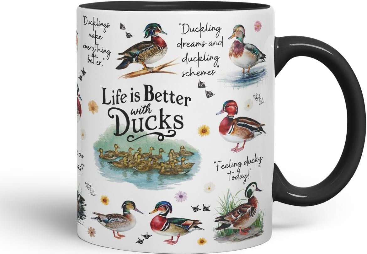 Vixar Life is Better with Ducks – Funny Animal Coloured Mug Cup 11oz (Black)
