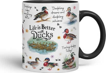 Vixar Life is Better with Ducks – Funny Animal Coloured Mug Cup 11oz (Black)