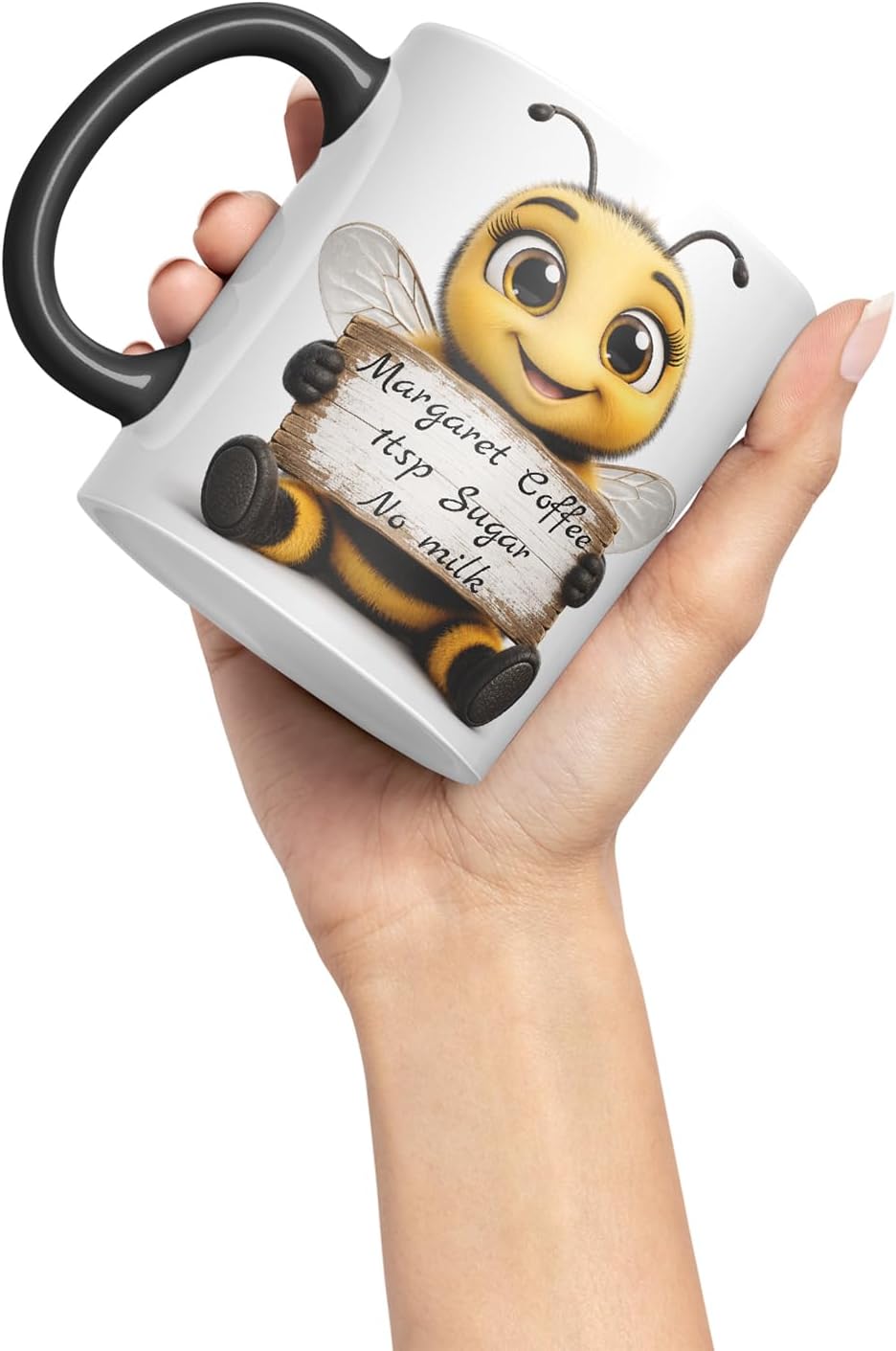 Vixar Personalised Bee Mug with Name or Custom Message – Cute Animal Coloured Ceramic Mug Cup Gift, 11oz (Black)