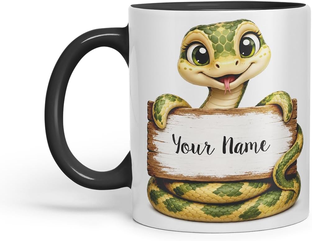 Vixar Personalised Snake Mug with Name or Custom Message – Cute Animal Coloured Ceramic Mug Cup Gift, 11oz (Black)