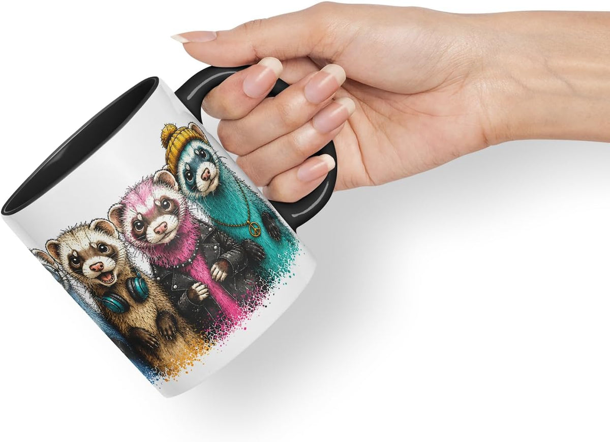 Ferret Mug – Cute Ferret Animal Coloured Ceramic Mug Cup Gift, 11oz (Black)