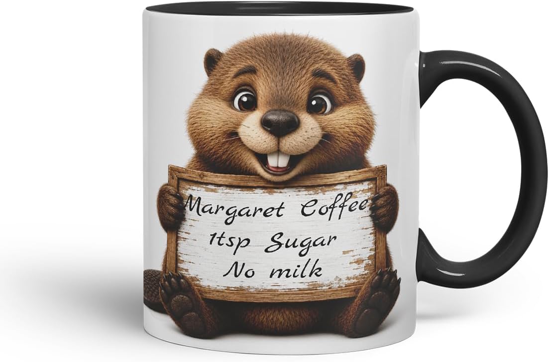 Vixar Personalised Beaver Mug with Name or Custom Message – Cute Animal Coloured Ceramic Mug Cup Gift, 11oz (Black)