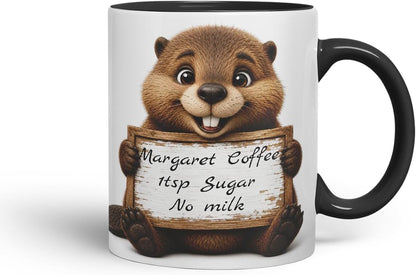 Vixar Personalised Beaver Mug with Name or Custom Message – Cute Animal Coloured Ceramic Mug Cup Gift, 11oz (Black)