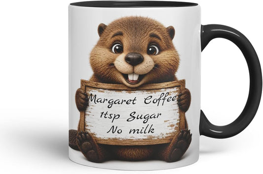Vixar Personalised Beaver Mug with Name or Custom Message – Cute Animal Coloured Ceramic Mug Cup Gift, 11oz (Black)