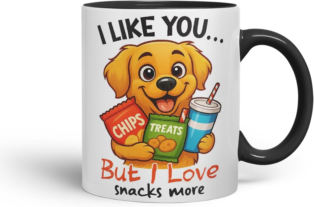 Vixar I Like You. But I Love Snacks More Golden Retriever Dog Mug – Coloured Ceramic Mug Cup Gift, 11oz (Black)