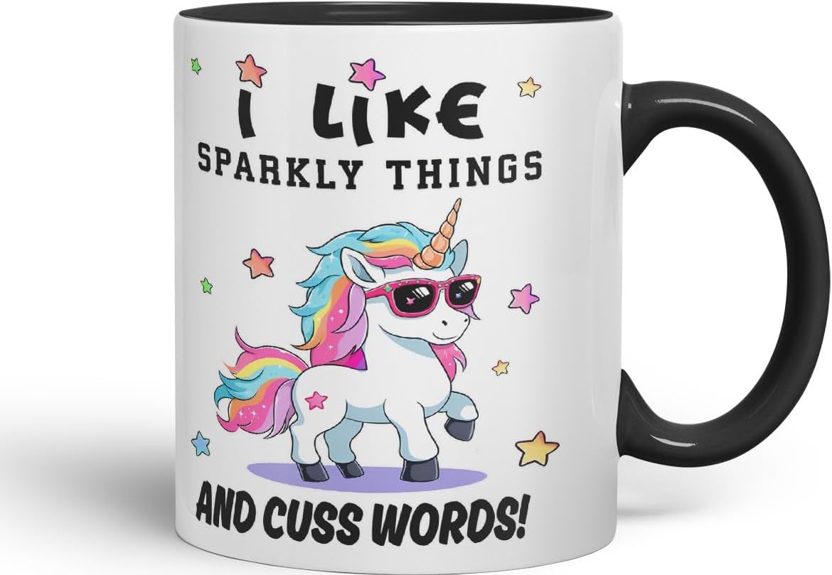Vixar I Like Sparkly Things and Coffee – Funny Unicorn Coloured Mug Cup 11oz (Black)