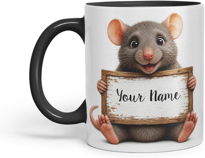 Vixar Personalised Rat Mug with Name or Custom Message – Cute Animal Coloured Ceramic Mug Cup Gift, 11oz (Black)