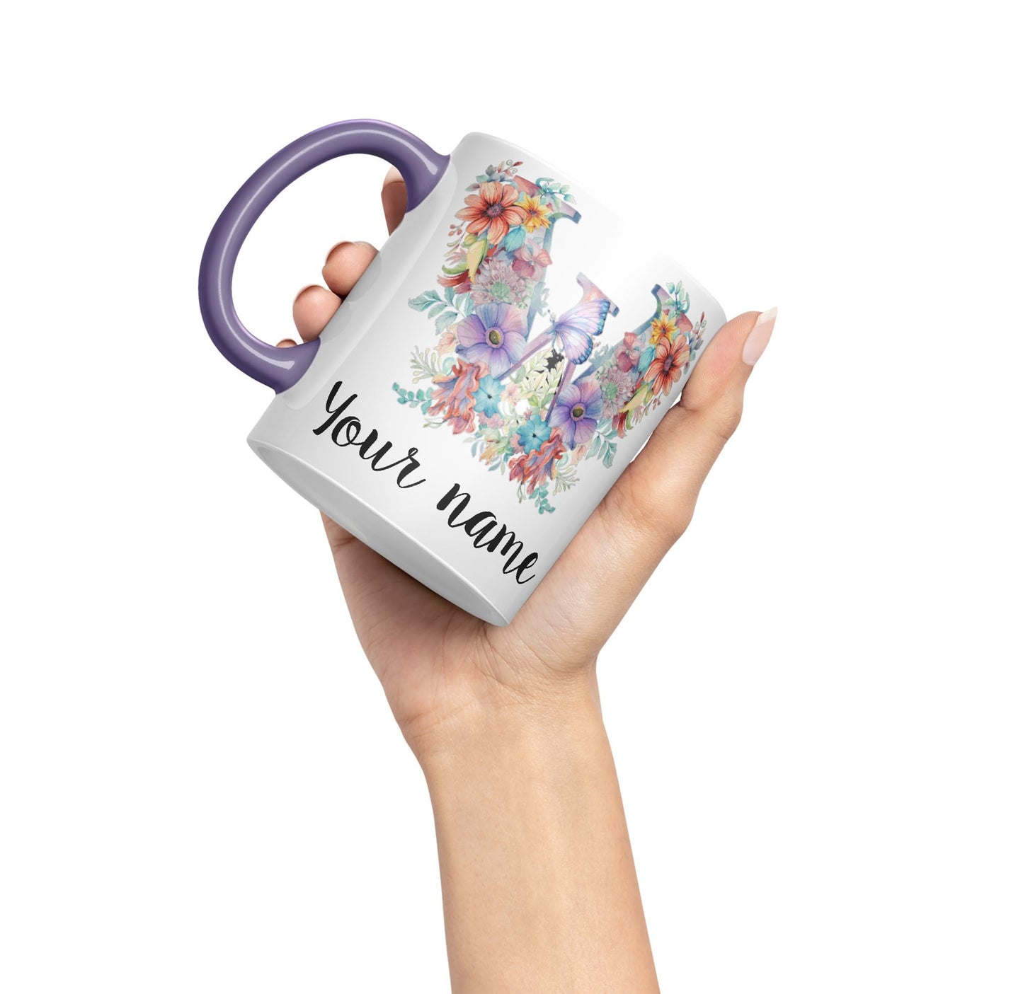 Personalised Letter W mug, Customized Custom Floral flowers butterfly Alphabet Letter W Monogram watercolour Ceramic Coloured Mug Cup for Tea Coffee Hot brew 330ml 11Oz Gift