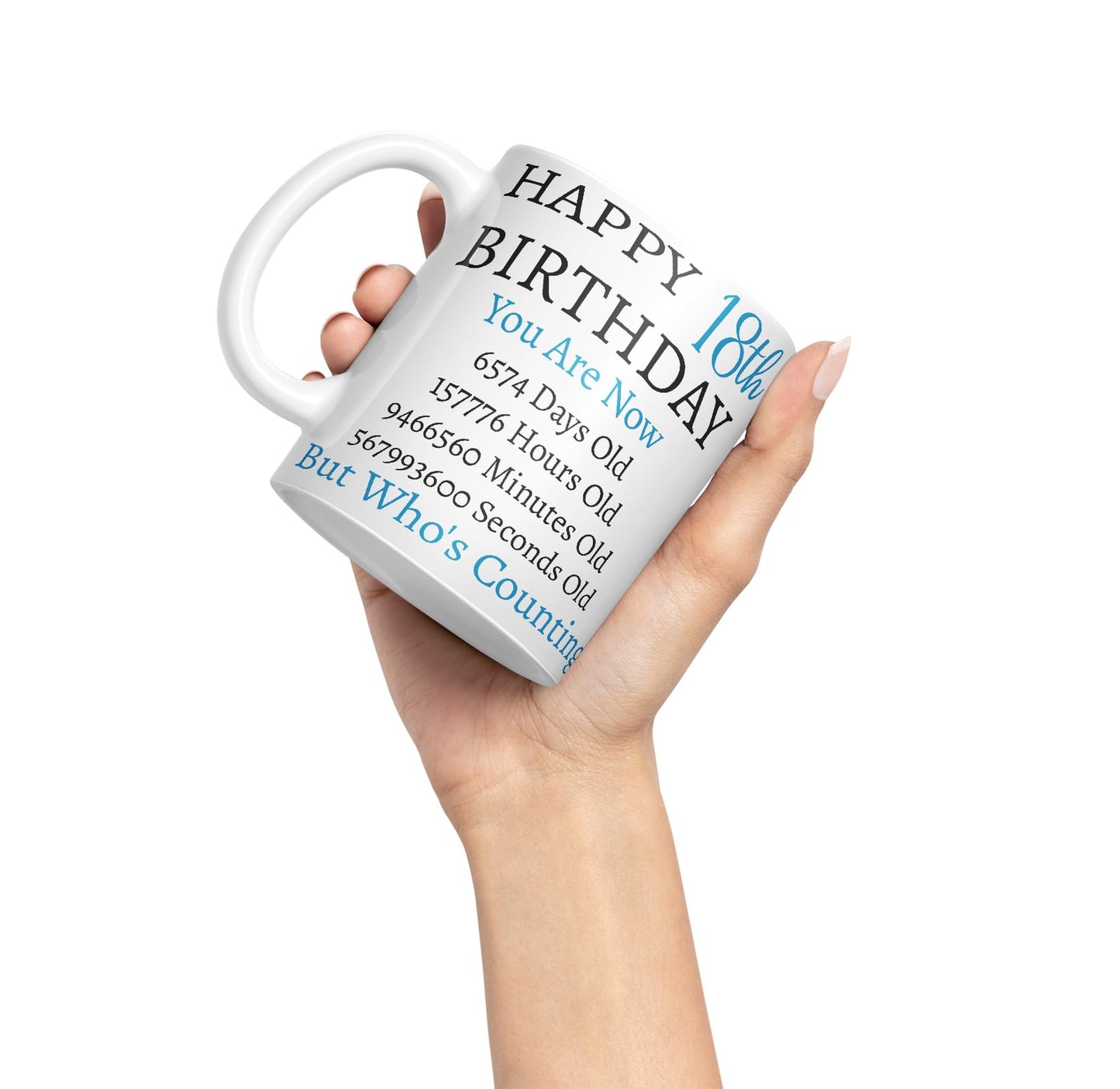 Vixar But Who's Counting Happy 18th Birthday Ceramic Coloured Mug Cup Gift Days Hours Minutes (Blue)