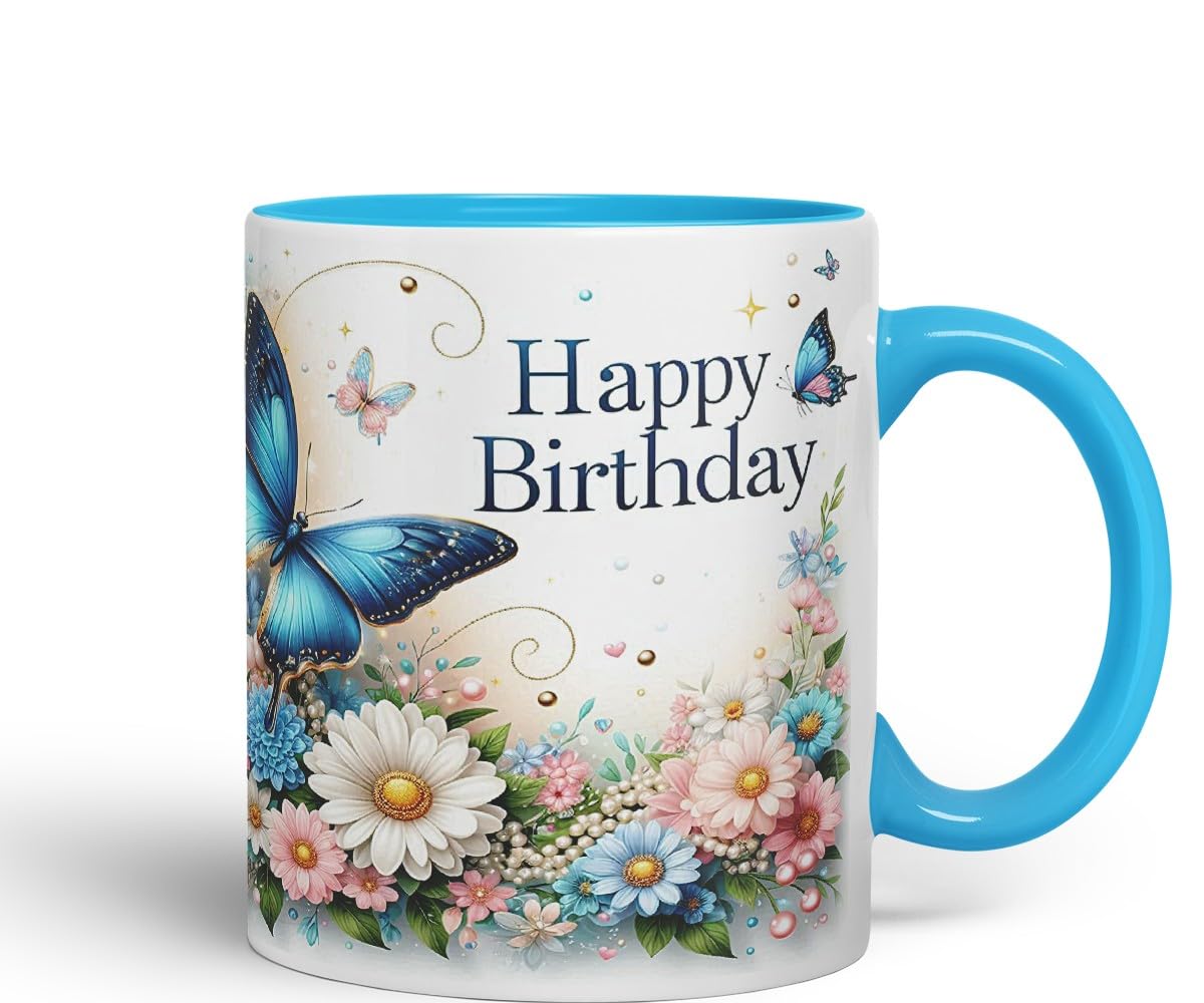 Vixar Happy Birthday Blue Butterfly Flowers Coloured Ceramic Mug Cup Gift 11oz V4 (Black)