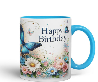 Vixar Happy Birthday Blue Butterfly Flowers Coloured Ceramic Mug Cup Gift 11oz V4 (Black)
