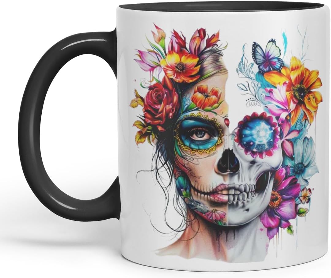 Vixar Sugar Skull Floral Woman Mug – Artistic Day of The Dead Design, Boho Coloured Mug Cup V1 (Pink)