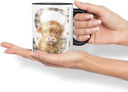 Vixar Highland Cow Alphabet Monogram Coloured Ceramic Cup Mug – Letter S – Rustic Farmhouse Animal Letter Gift – 11oz (Black)