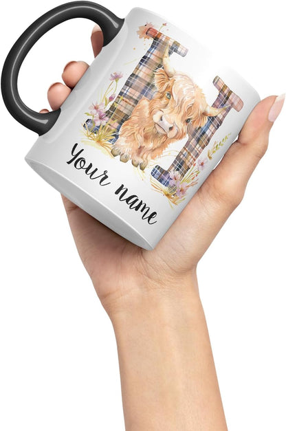 Vixar Personalised Highland Cow Initial Letter H Custom Name Mug – Coloured Ceramic Mug Cup Gift, 11oz (Black)