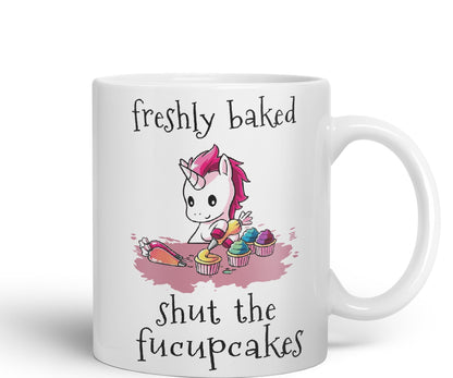 Freshly Baked, Shut The fucupcakes, Unicorn Sarcastic Joke Ceramic Coloured Mug Cup for Tea Coffee Hot Brew 330ml 11Oz