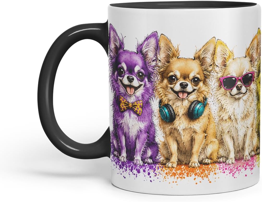 Vixar Long Hair Chihuahua Dog Mug – Cute Chihuahua Coloured Ceramic Mug Cup Gift, 11oz (Black)
