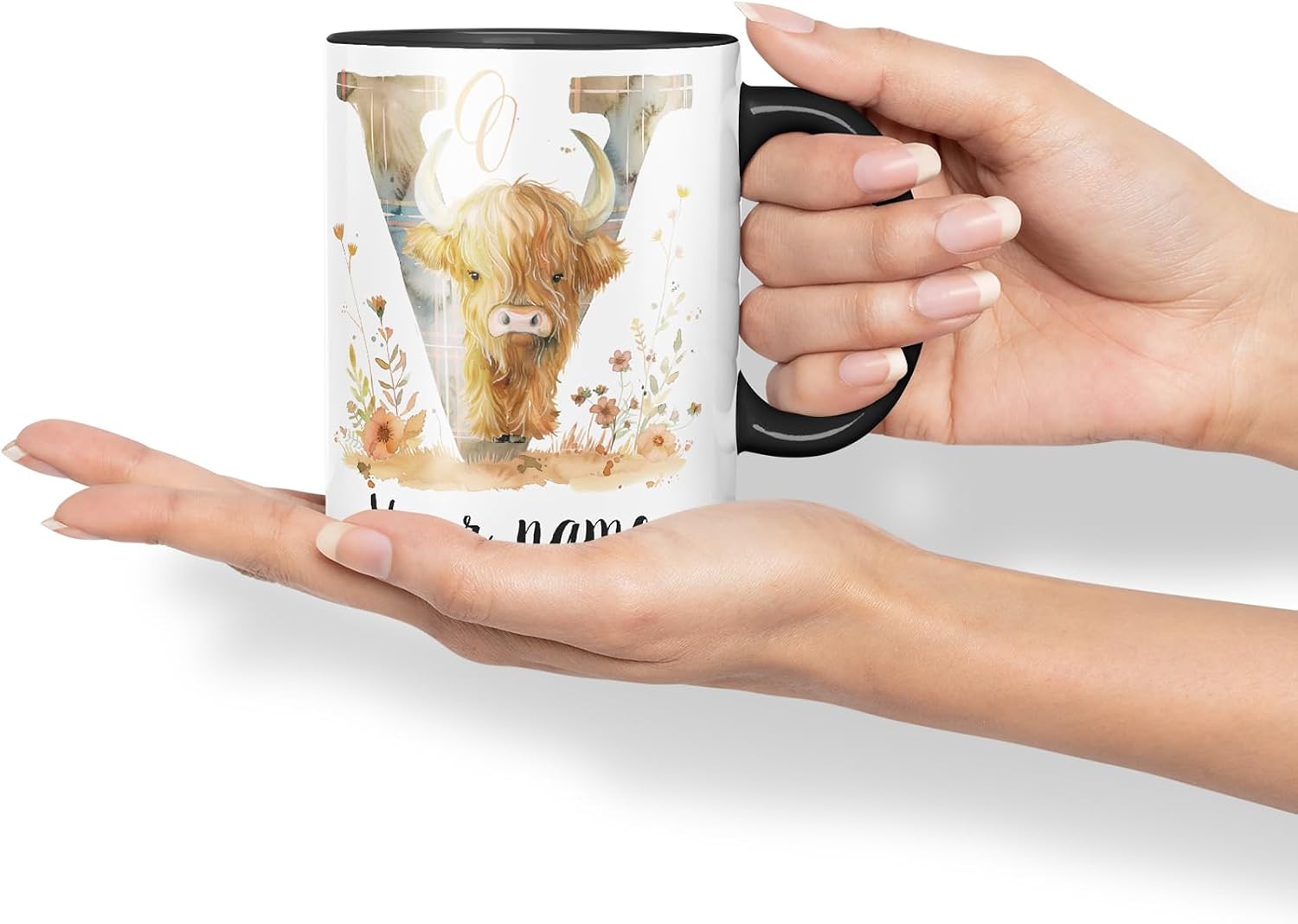 Vixar Personalised Highland Cow Initial Letter V Custom Name Mug – Coloured Ceramic Mug Cup Gift, 11oz (Black)